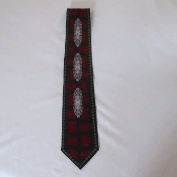 Stacy Adams Red and Black Tie w\ Silver Decor and Accents. - Picture 1 of 3